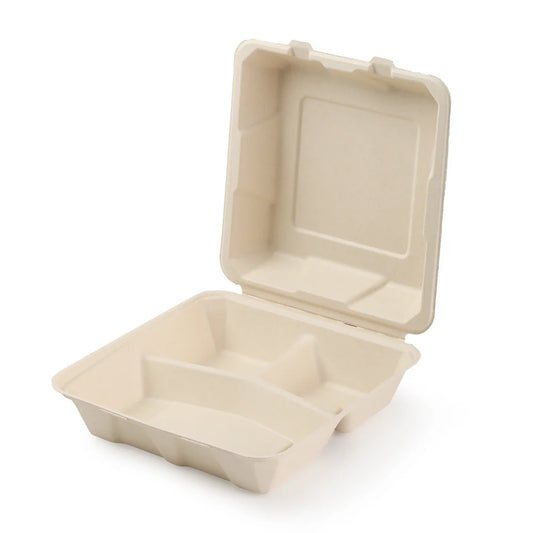 8" x 8" x 3" Bamboo 3-Compartment Take-Out Containers - 50 Containers