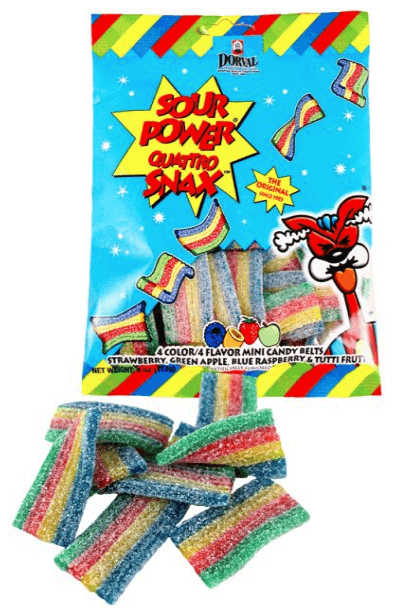 Dorval Sour Quattro Snax Mini Belts 4oz Peg Bag 12ct-online-candy-store-18477