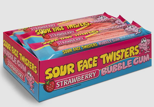 Face Twisters Strawberry Sour Bubble Gum Straws 12ct